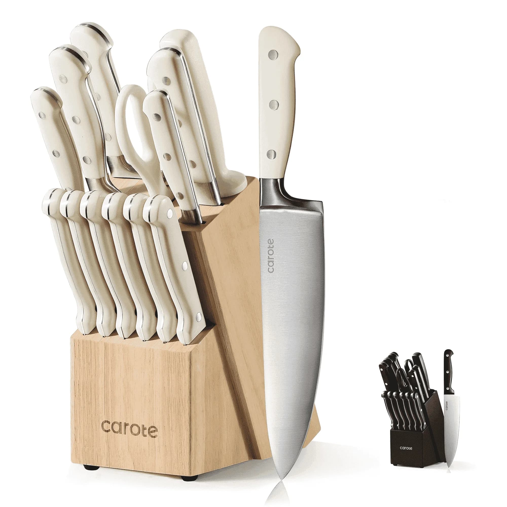 CAROTE 14-Piece Stainless Steel Knife Set with Wooden Block
